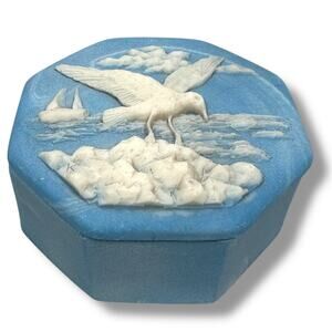 Vintage Incolay‎ Trinket Box w/ Lid Seagull Sailboat Jewelry Box Jasperware Blue